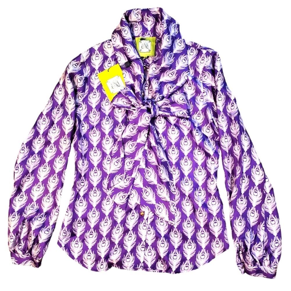 Elizabeth McKay Purple Peacock Print 100% Silk Bow Blouse NWT Size 4